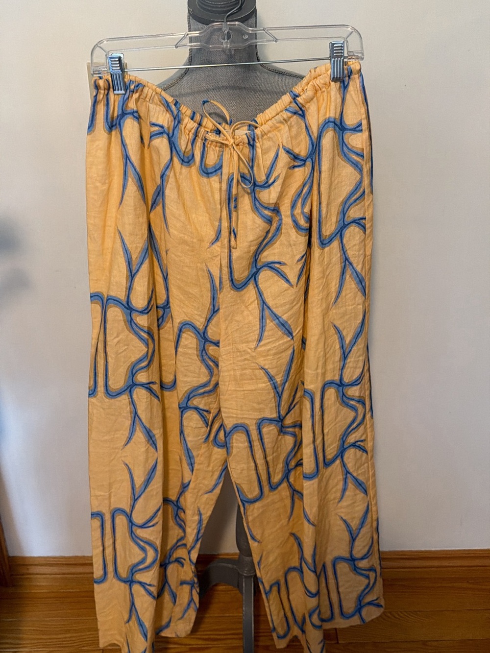 Women's Mustard Drawstring Joggers with Blue Abstract Print